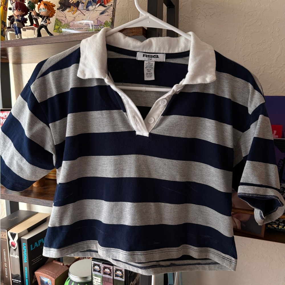 RSQ Navy and Gray Striped Polo